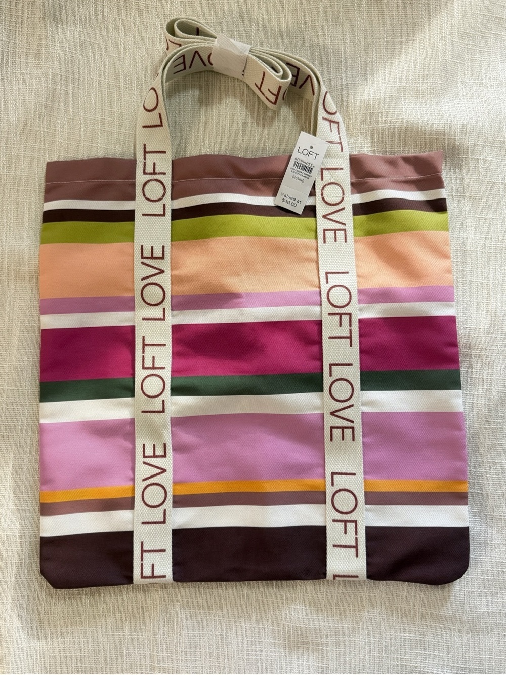 NWT LOFT Striped Canvas Tote in Pink, Green & Peach